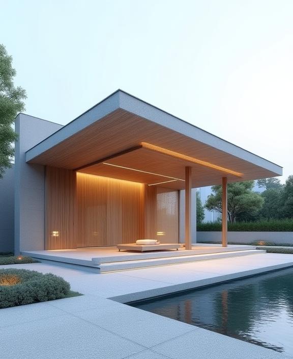 현대적인 조명이 비추는 한국의 전통 정자 이미지